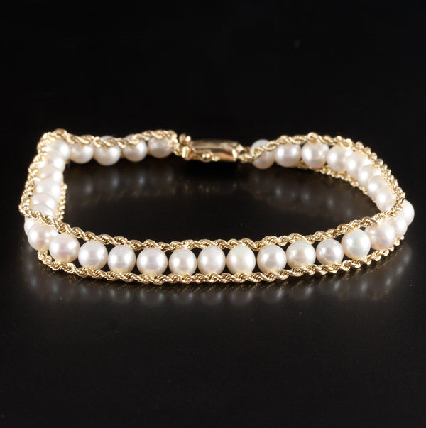 10k Yellow Gold Round Bead Cultured Pearl Rope Style Bracelet 9.2g 7.25" Length