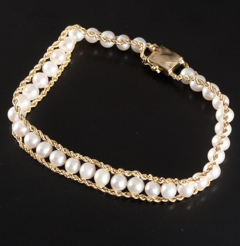 10k Yellow Gold Round Bead Cultured Pearl Rope Style Bracelet 9.2g 7.25" Length