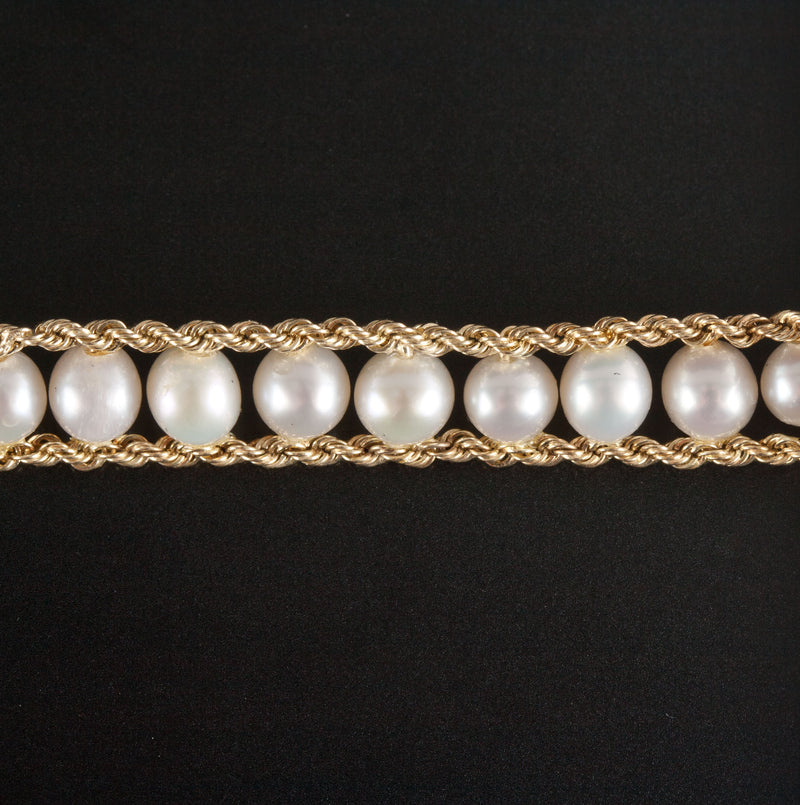 10k Yellow Gold Round Bead Cultured Pearl Rope Style Bracelet 9.2g 7.25" Length