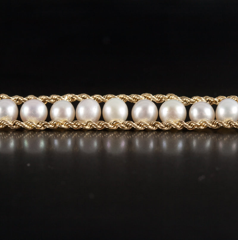 10k Yellow Gold Round Bead Cultured Pearl Rope Style Bracelet 9.2g 7.25" Length