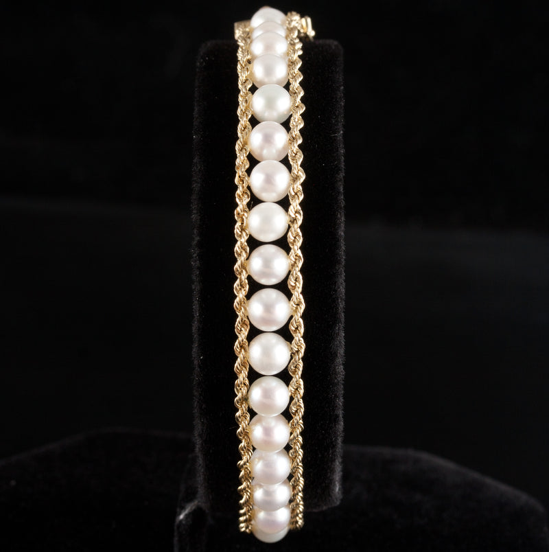 10k Yellow Gold Round Bead Cultured Pearl Rope Style Bracelet 9.2g 7.25" Length