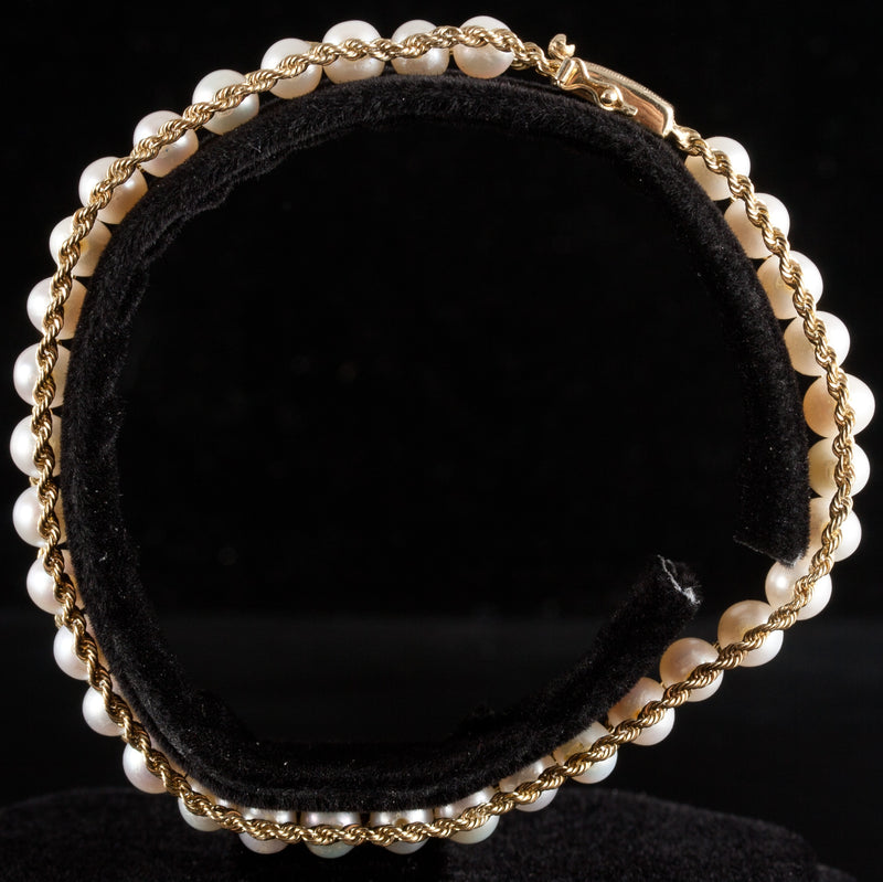 10k Yellow Gold Round Bead Cultured Pearl Rope Style Bracelet 9.2g 7.25" Length