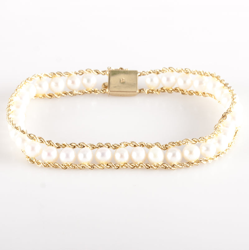 10k Yellow Gold Round Bead Cultured Pearl Rope Style Bracelet 9.2g 7.25" Length