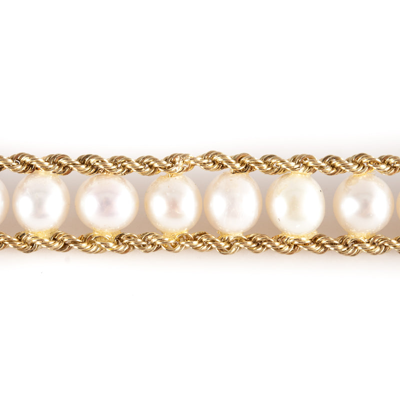 10k Yellow Gold Round Bead Cultured Pearl Rope Style Bracelet 9.2g 7.25" Length