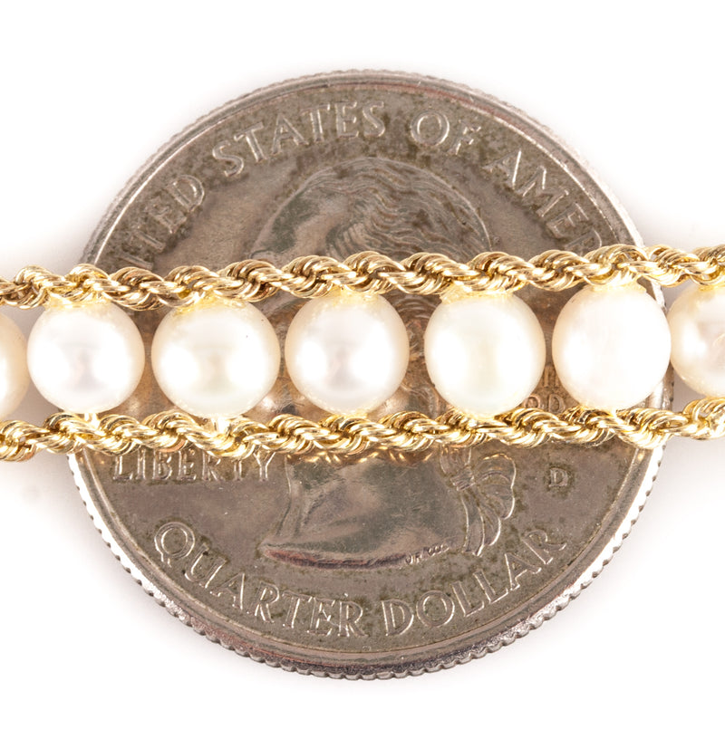 10k Yellow Gold Round Bead Cultured Pearl Rope Style Bracelet 9.2g 7.25" Length