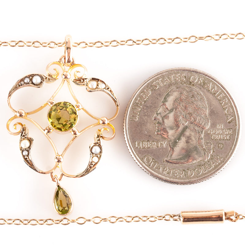 Vintage 1910's 10k Rose Gold Peridot Pearl Necklace W/ 17" Chain 1.26ctw 3.5g