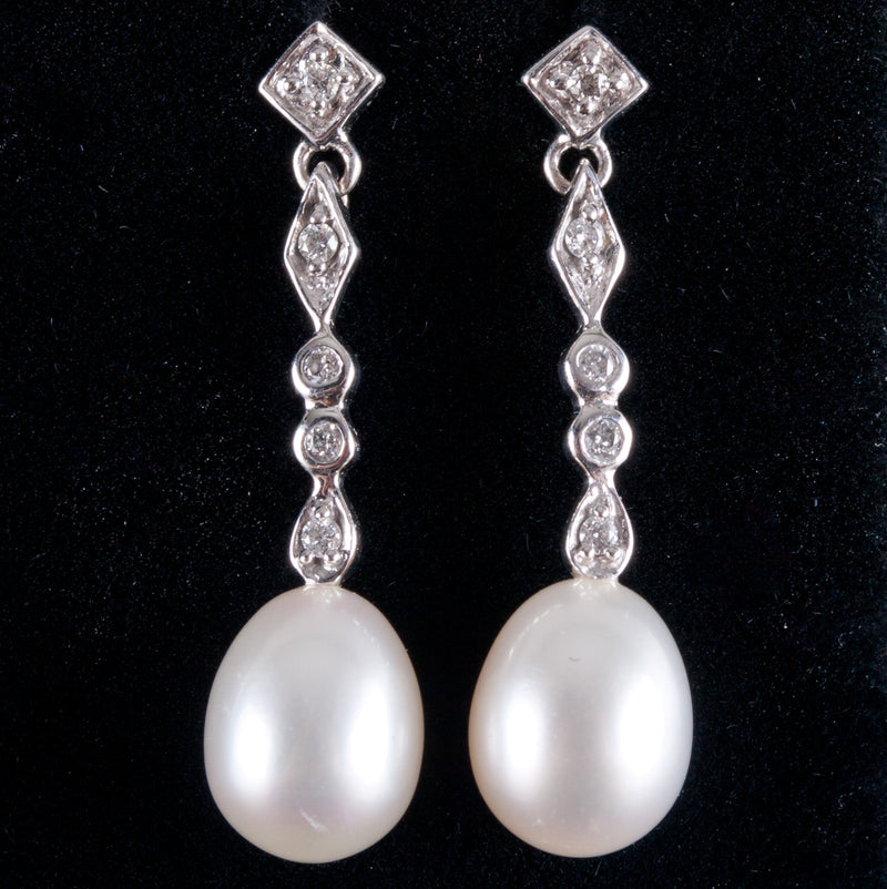 10k White Gold Oval Bead Pearl Diamond Dangle Earrings W/ Butterfly Backs .05ctw