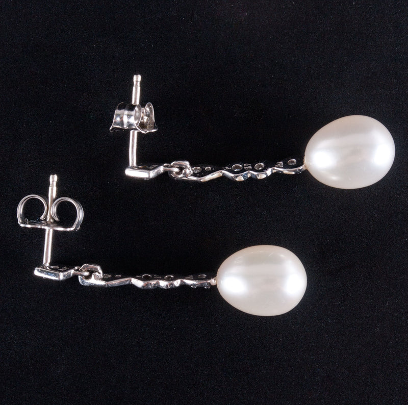 10k White Gold Oval Bead Pearl Diamond Dangle Earrings W/ Butterfly Backs .05ctw