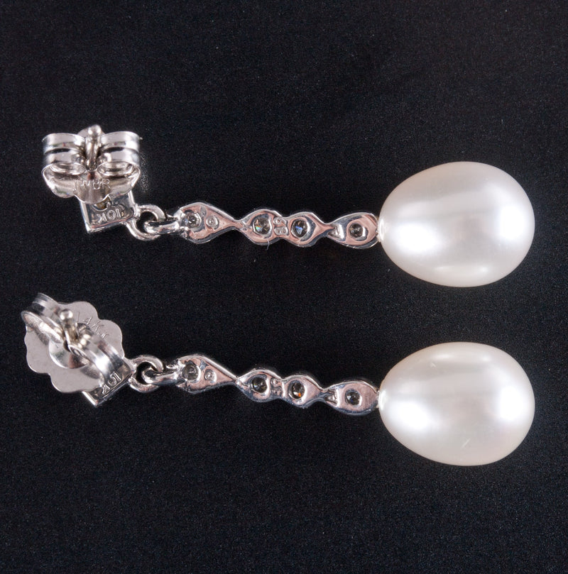 10k White Gold Oval Bead Pearl Diamond Dangle Earrings W/ Butterfly Backs .05ctw