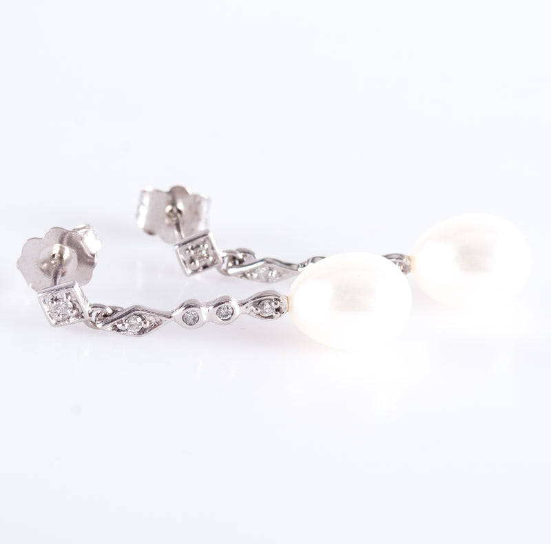 10k White Gold Oval Bead Pearl Diamond Dangle Earrings W/ Butterfly Backs .05ctw