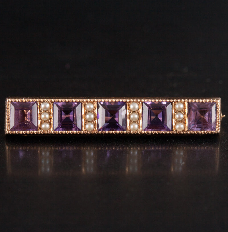 Vintage 1930's 14k Yellow Gold Amethyst Pearl Bar Style Brooch 1.60ctw 2.7g