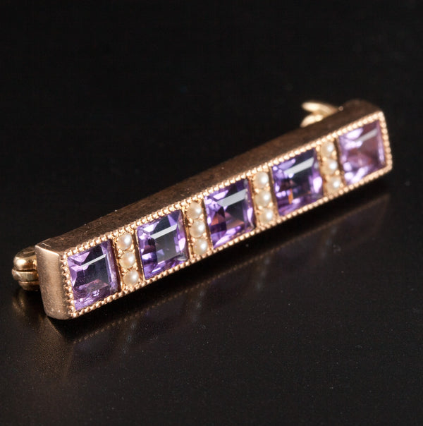 Vintage 1930's 14k Yellow Gold Amethyst Pearl Bar Style Brooch 1.60ctw 2.7g