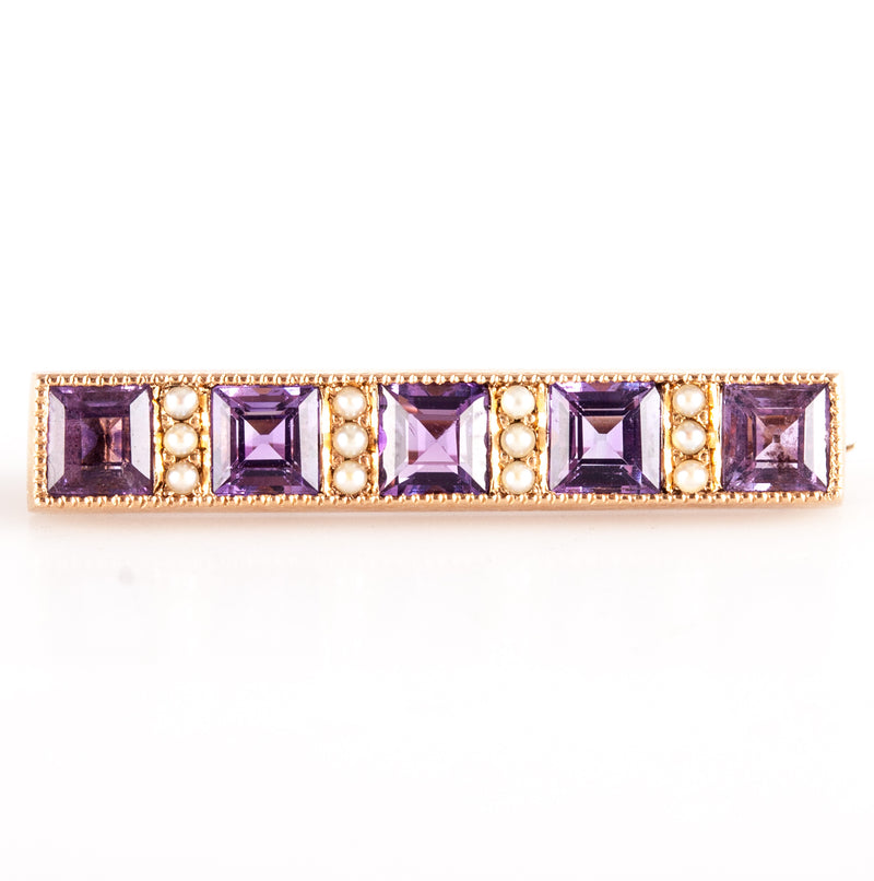 Vintage 1930's 14k Yellow Gold Amethyst Pearl Bar Style Brooch 1.60ctw 2.7g