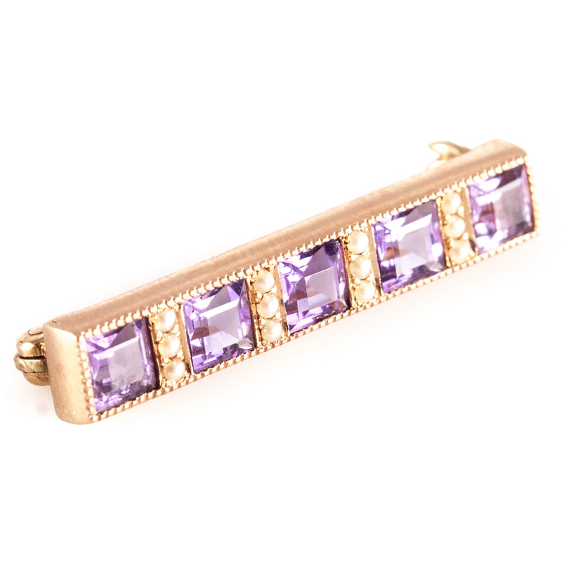 Vintage 1930's 14k Yellow Gold Amethyst Pearl Bar Style Brooch 1.60ctw 2.7g