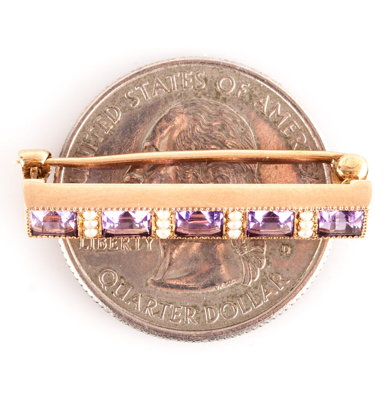 Vintage 1930's 14k Yellow Gold Amethyst Pearl Bar Style Brooch 1.60ctw 2.7g