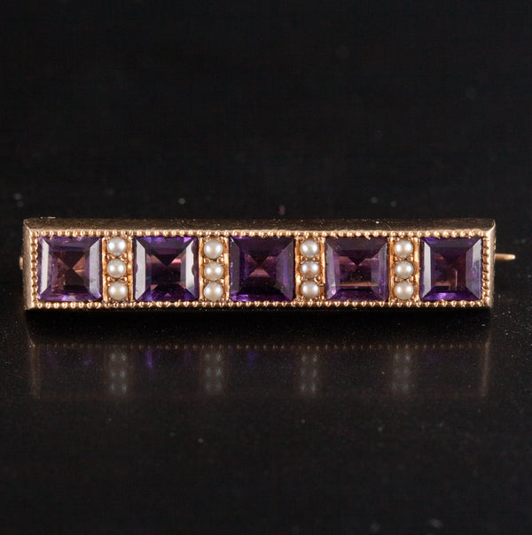 Vintage 1930's 14k Yellow Gold Amethyst Pearl Bar Style Brooch 1.60ctw 3.1g