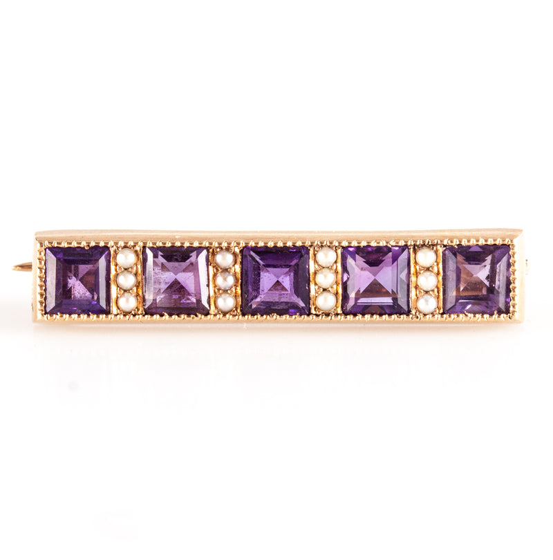 Vintage 1930's 14k Yellow Gold Amethyst Pearl Bar Style Brooch 1.60ctw 3.1g