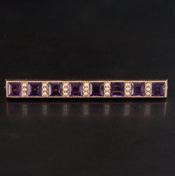 Vintage 1930's 14k Yellow Gold Amethyst Pearl Bar Style Brooch 3.76ctw 4.92g