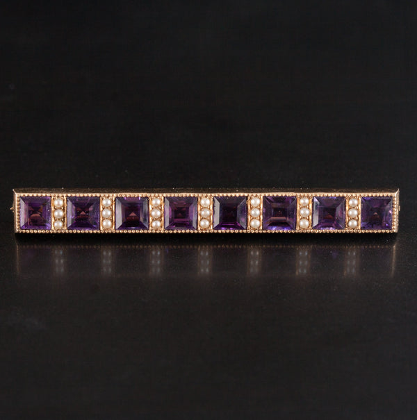 Vintage 1930's 14k Yellow Gold Amethyst Pearl Bar Style Brooch 3.76ctw 4.92g