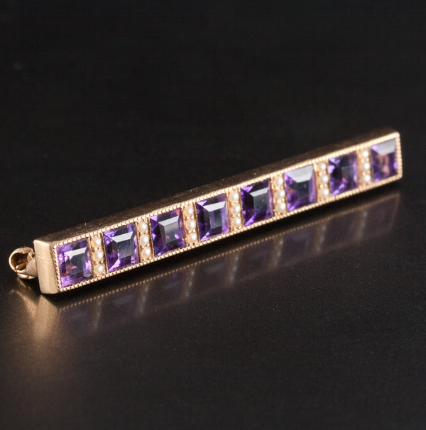 Vintage 1930's 14k Yellow Gold Amethyst Pearl Bar Style Brooch 3.76ctw 4.92g