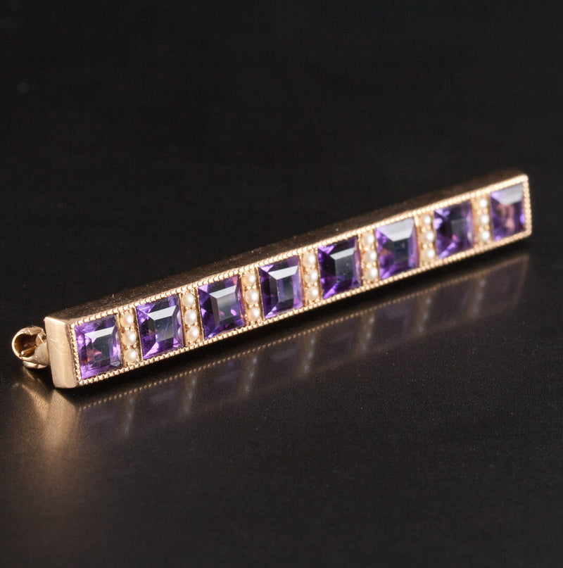 Vintage 1930's 14k Yellow Gold Amethyst Pearl Bar Style Brooch 3.76ctw 4.92g