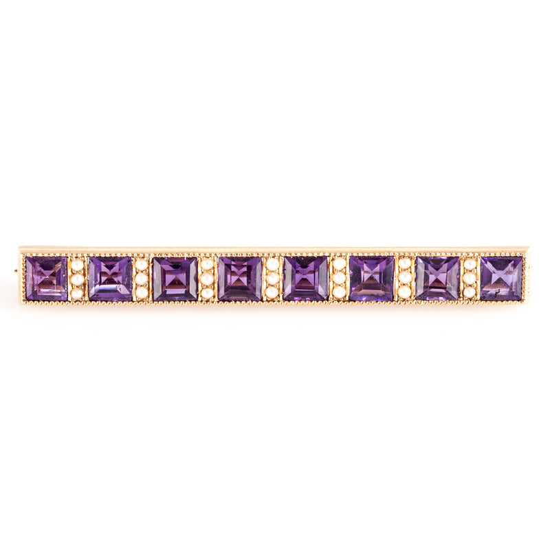 Vintage 1930's 14k Yellow Gold Amethyst Pearl Bar Style Brooch 3.76ctw 4.92g