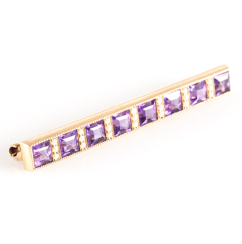 Vintage 1930's 14k Yellow Gold Amethyst Pearl Bar Style Brooch 3.76ctw 4.92g