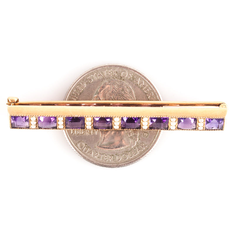 Vintage 1930's 14k Yellow Gold Amethyst Pearl Bar Style Brooch 3.76ctw 4.92g