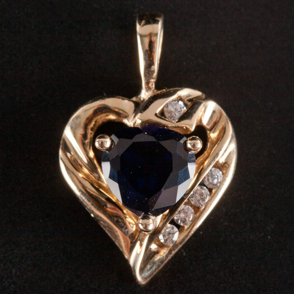 10k Yellow Gold Lab-Created Heart Sapphire Round Diamond Pendant 1.11ctw 1.35g