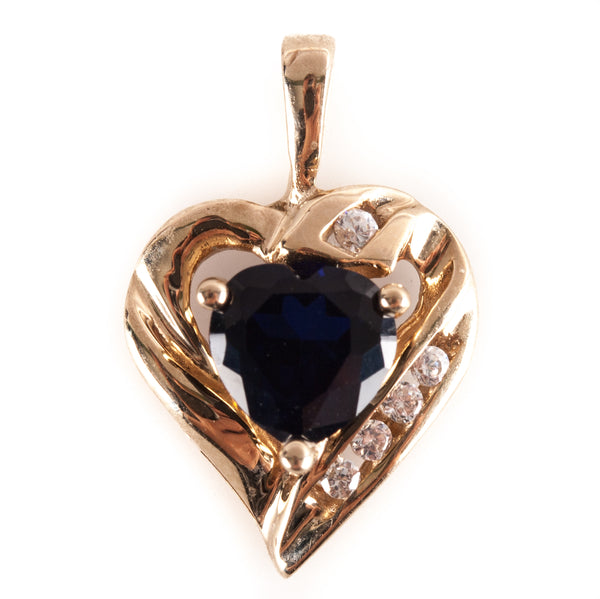 10k Yellow Gold Lab-Created Heart Sapphire Round Diamond Pendant 1.11ctw 1.35g