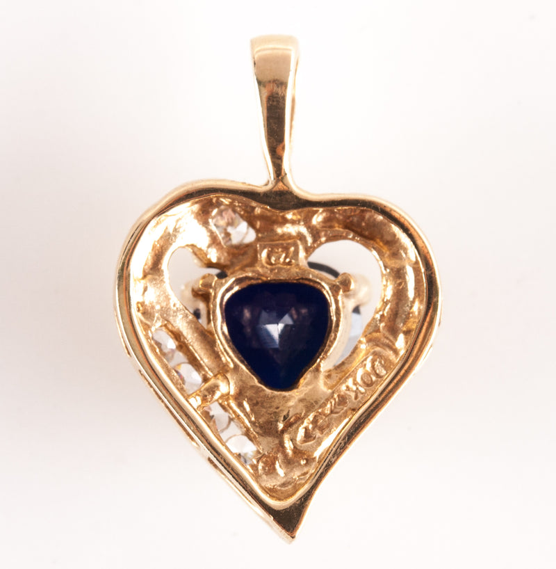 10k Yellow Gold Lab-Created Heart Sapphire Round Diamond Pendant 1.11ctw 1.35g