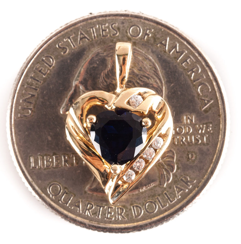 10k Yellow Gold Lab-Created Heart Sapphire Round Diamond Pendant 1.11ctw 1.35g