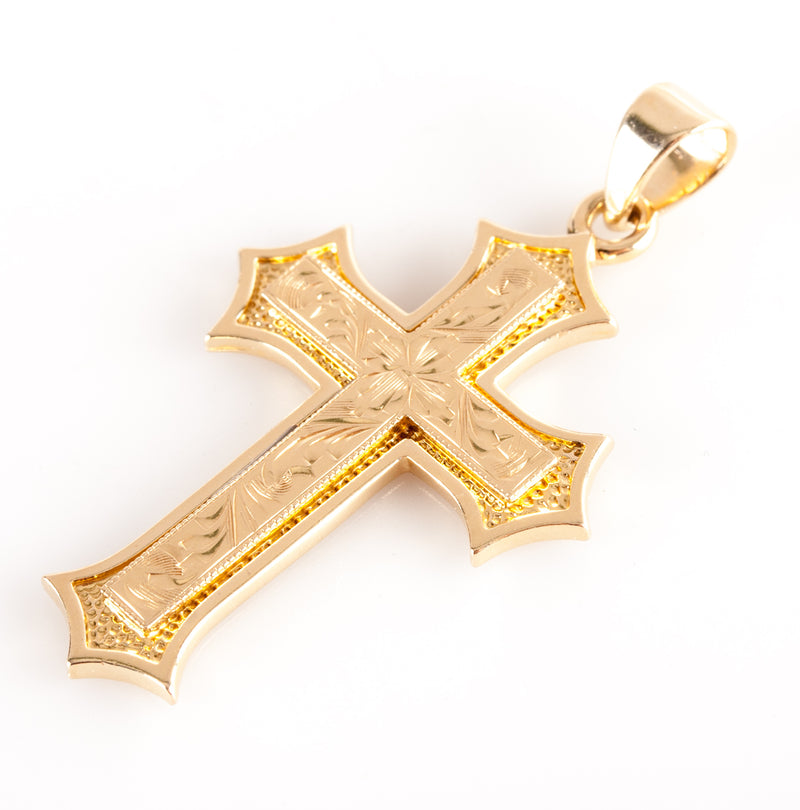 14k Yellow Gold Etched Style Passion Cross Pendant 4.42g 23.2mm x 40.4mm