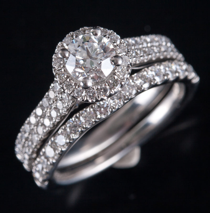Platinum Round Diamond Halo Engagement Wedding Ring Set W/ GSI Cert .89ctw