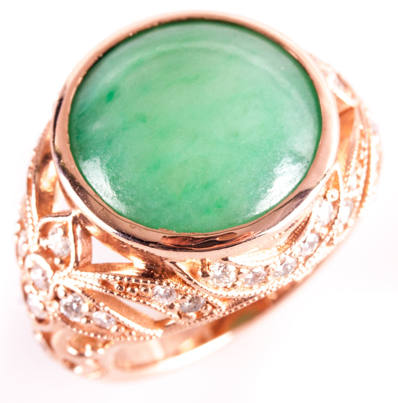 14k Rose Gold Round Cabochon Jade Diamond Cocktail Ring 11.69ctw 10.5g