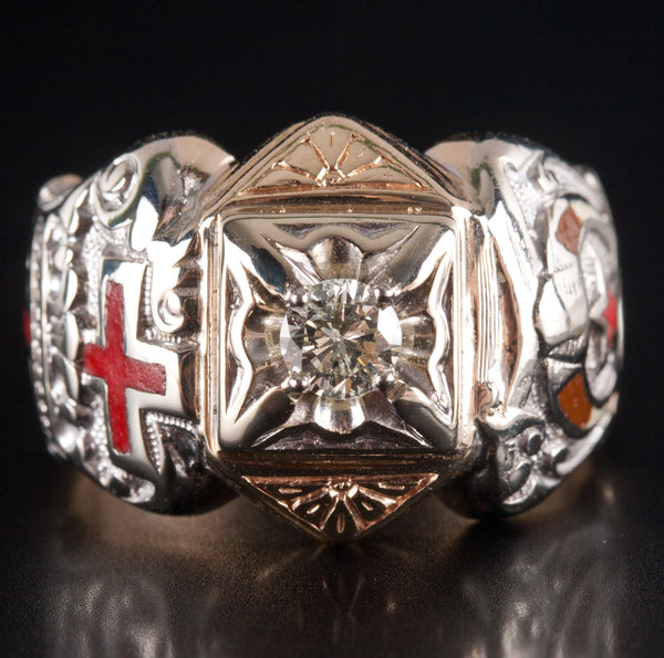 Vintage 1960's 10k Yellow White Gold Diamond Knights Templar Masonic Ring .34ct