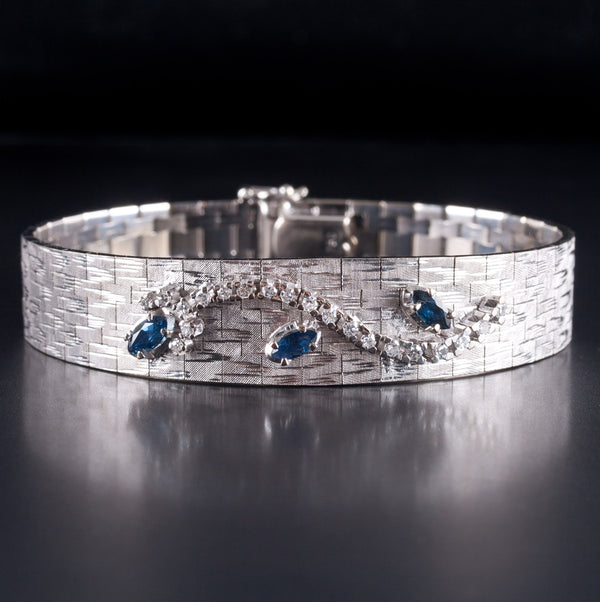 18k White Gold Sapphire Diamond Textured Flat Link Band Style Bracelet .95ctw