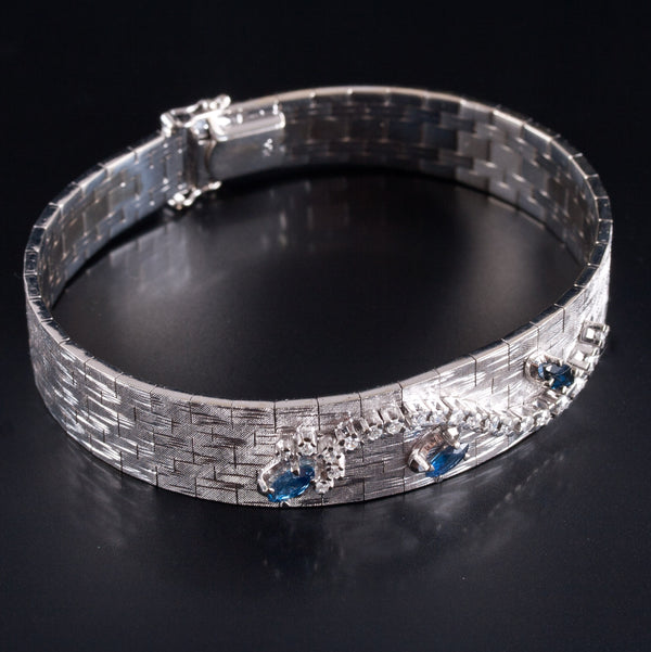 18k White Gold Sapphire Diamond Textured Flat Link Band Style Bracelet .95ctw