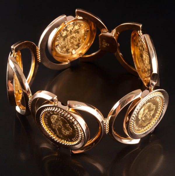 18k Yellow Gold Austria One Ducat 1915 Gold Coins Hinged Style Bracelet 60.9g