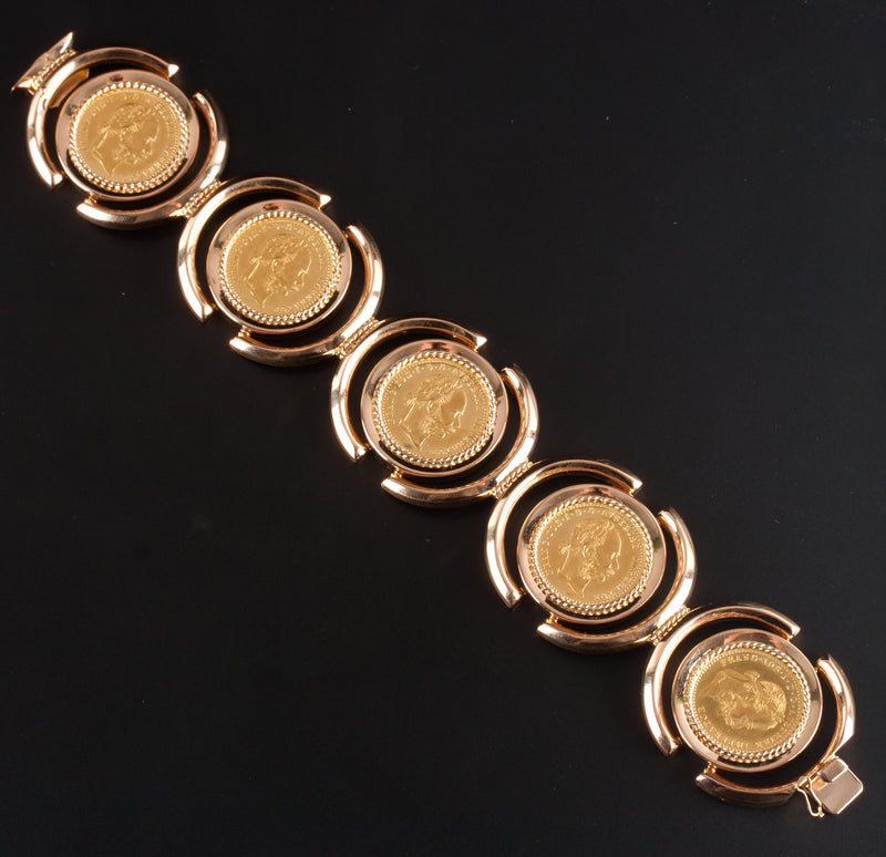 18k Yellow Gold Austria One Ducat 1915 Gold Coins Hinged Style Bracelet 60.9g