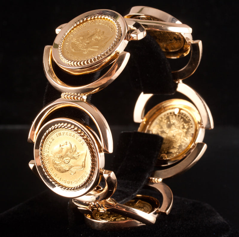 18k Yellow Gold Austria One Ducat 1915 Gold Coins Hinged Style Bracelet 60.9g