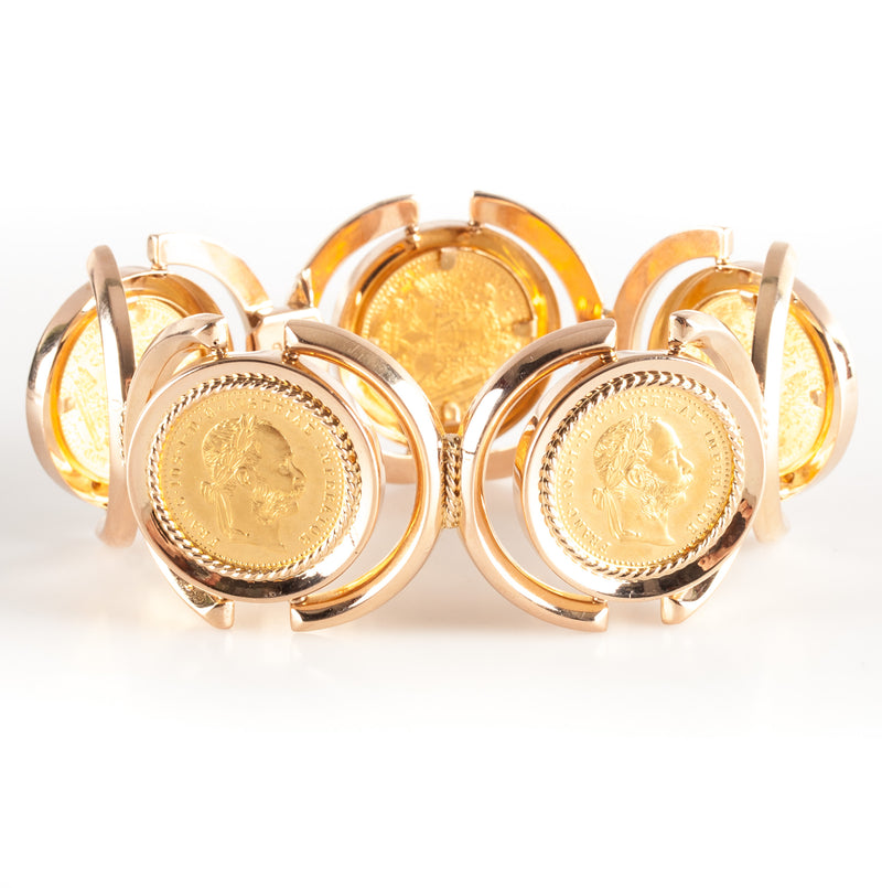 18k Yellow Gold Austria One Ducat 1915 Gold Coins Hinged Style Bracelet 60.9g