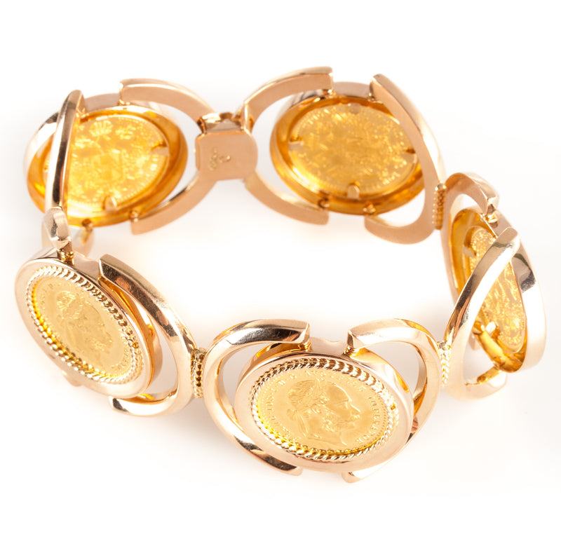 18k Yellow Gold Austria One Ducat 1915 Gold Coins Hinged Style Bracelet 60.9g