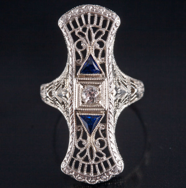 Vintage 1930's 18k White Gold Diamond Lab-Created Sapphire Filigree Ring .23ctw