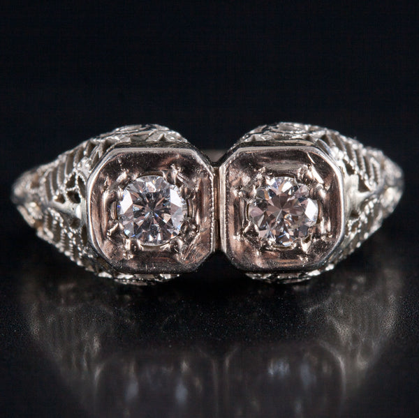 Vintage 1930's 18k White Gold Transitional Round Diamond Filigree Ring .24ctw