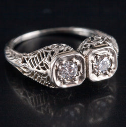 Vintage 1930's 18k White Gold Transitional Round Diamond Filigree Ring .24ctw