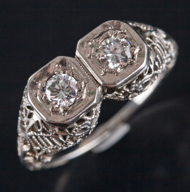 Vintage 1930's 18k White Gold Transitional Round Diamond Filigree Ring .24ctw