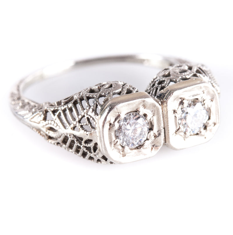 Vintage 1930's 18k White Gold Transitional Round Diamond Filigree Ring .24ctw