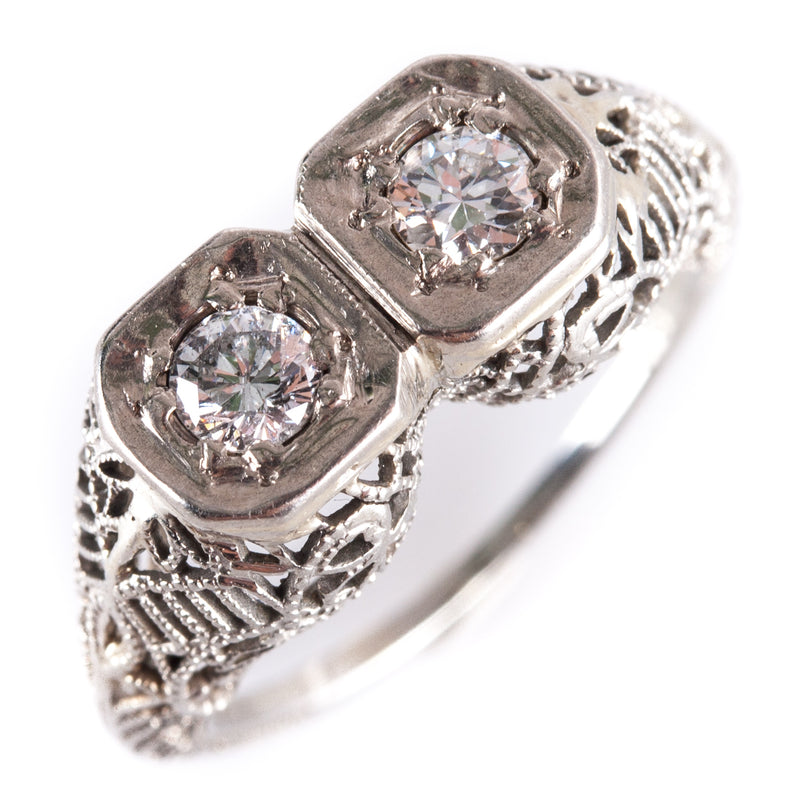 Vintage 1930's 18k White Gold Transitional Round Diamond Filigree Ring .24ctw