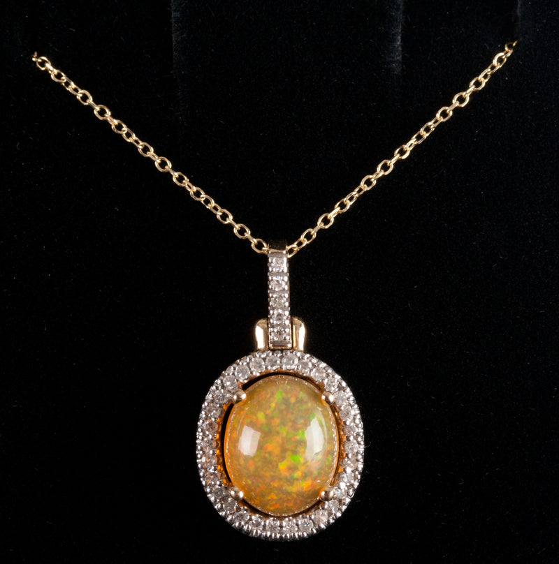 14k Yellow Gold Oval Cabochon Fire Opal Diamond Halo Necklace 1.485ctw 3.29g